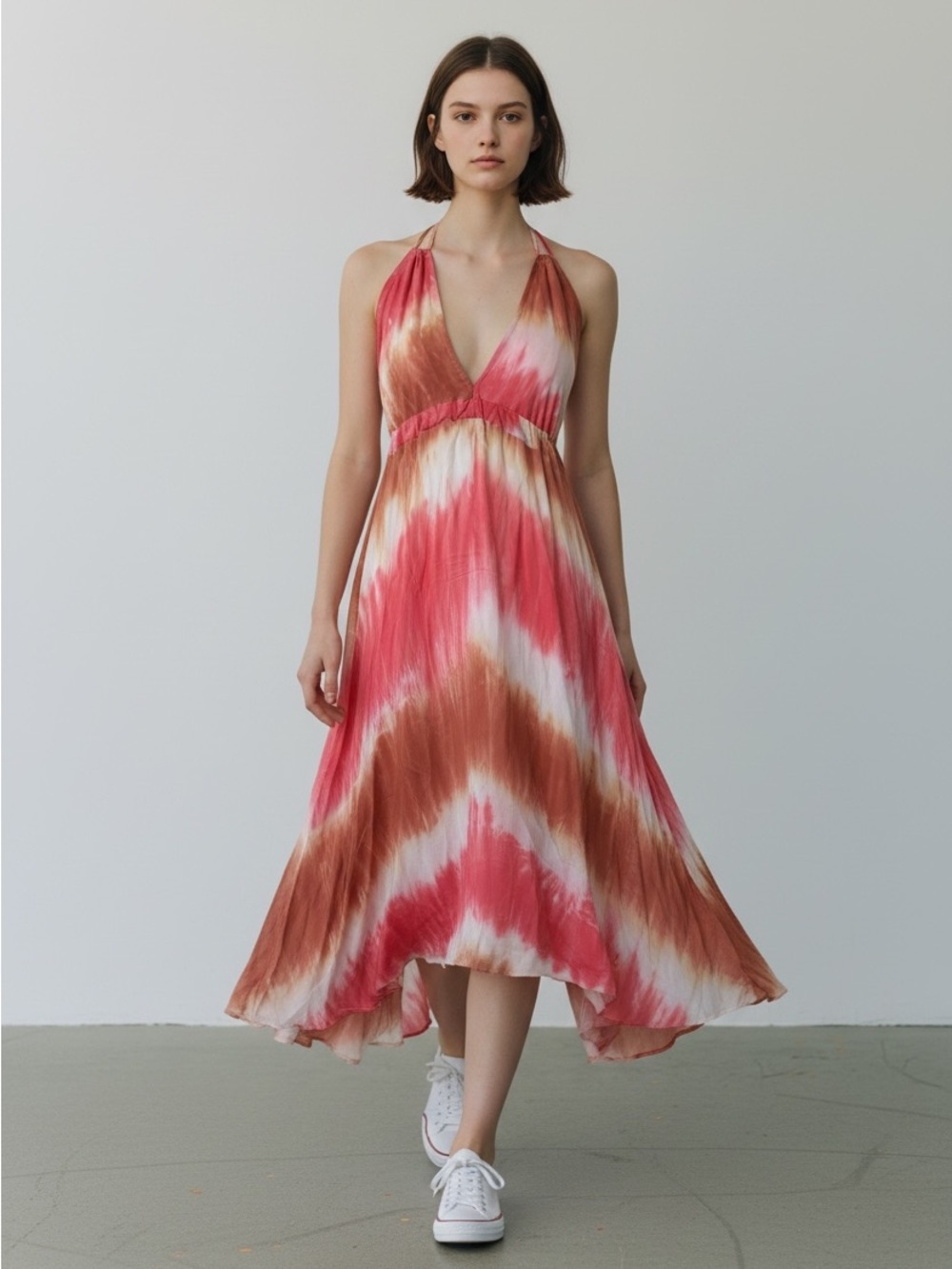 lovestitch Coral, Brown & White Halter High-Low Maxi Dress